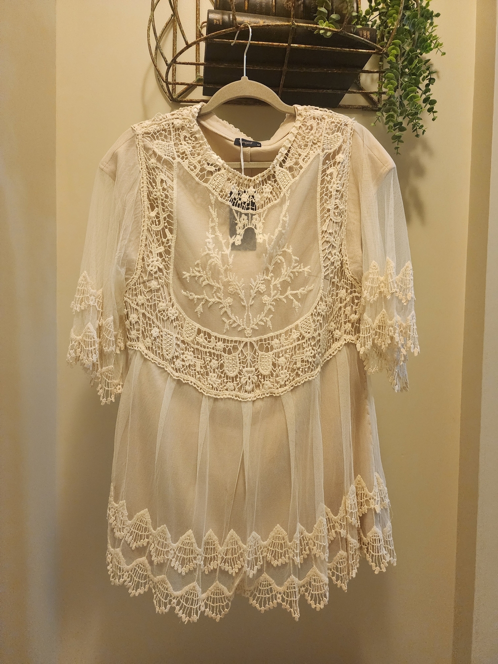 Delicate Boho Lace Overlay Sheer Tunic - Cream